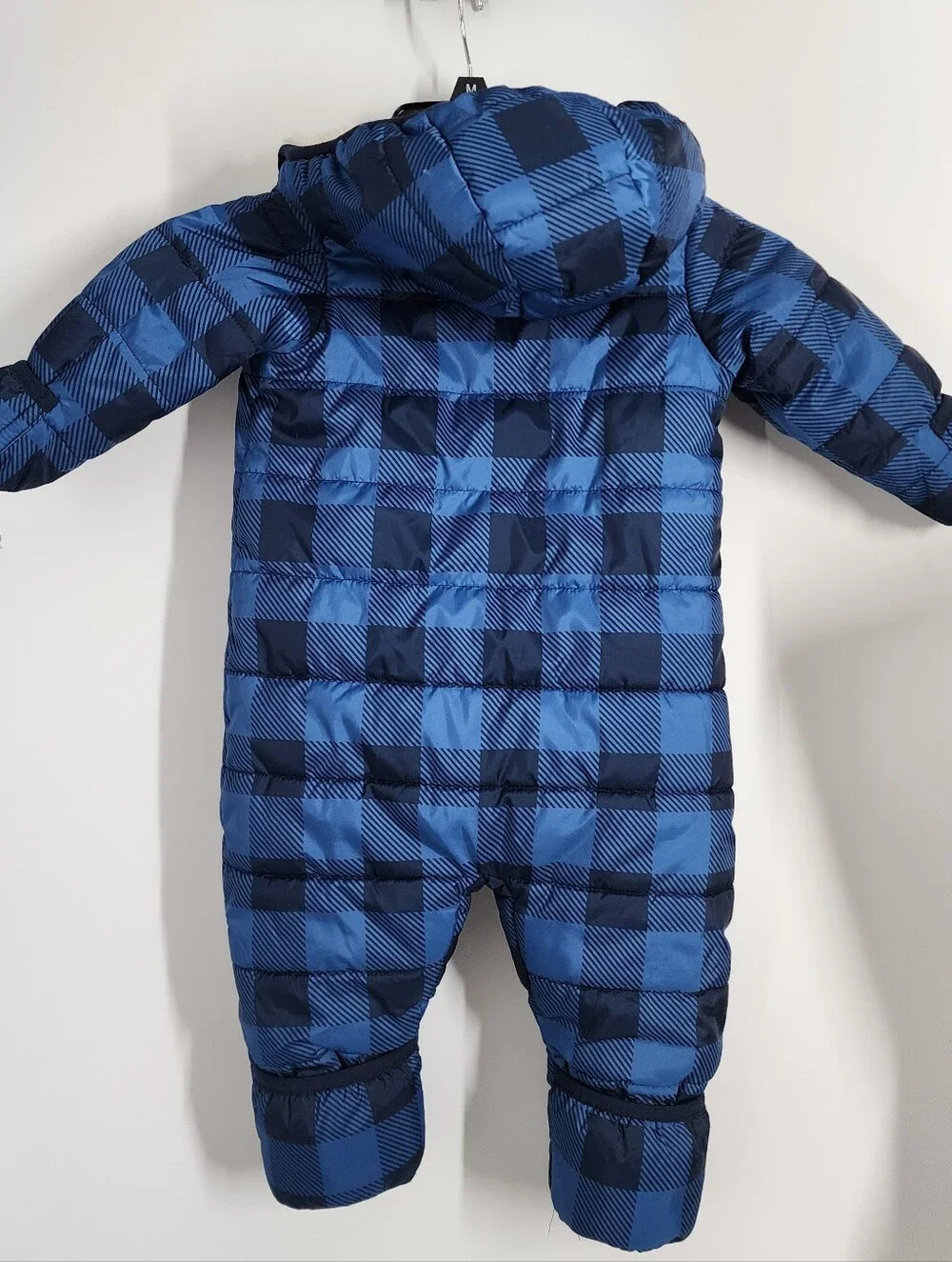 Eddie Bauer Size 6-9 MO Snow suit Fleece Linee Blue Plaid Hooded